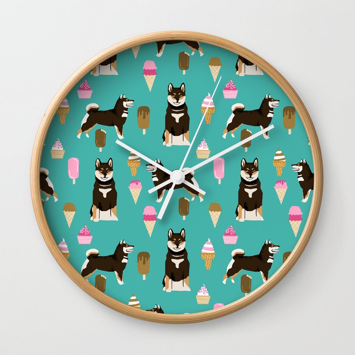 shiba inu black and tan ice cream dog breed pet pattern dog mom Wall Clock