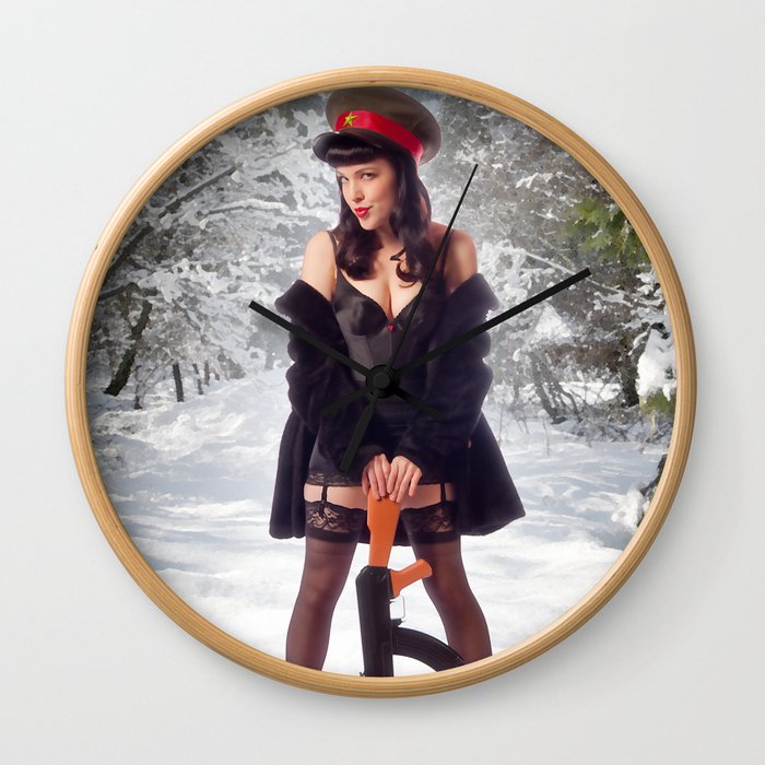 "Sovietsky on Ice" - The Playful Pinup - Russian Theme Pin-up Girl in Snow by Maxwell H. Johnson Wall Clock