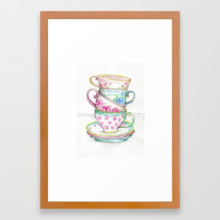 Tea Cup Art Kitchen Watercolor Painting Drawing Framed Art Print