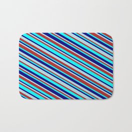 [ Thumbnail: Powder Blue, Red, Aqua, and Blue Colored Lined Pattern Bath Mat ]