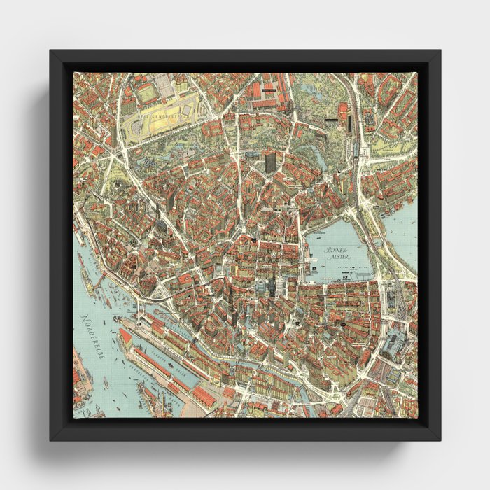 Vintage Map of Hamburg, Germany Framed Canvas