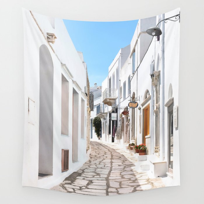 Street View of Tinos Island in Greece with Traditional Houses and Shops Wall Tapestry