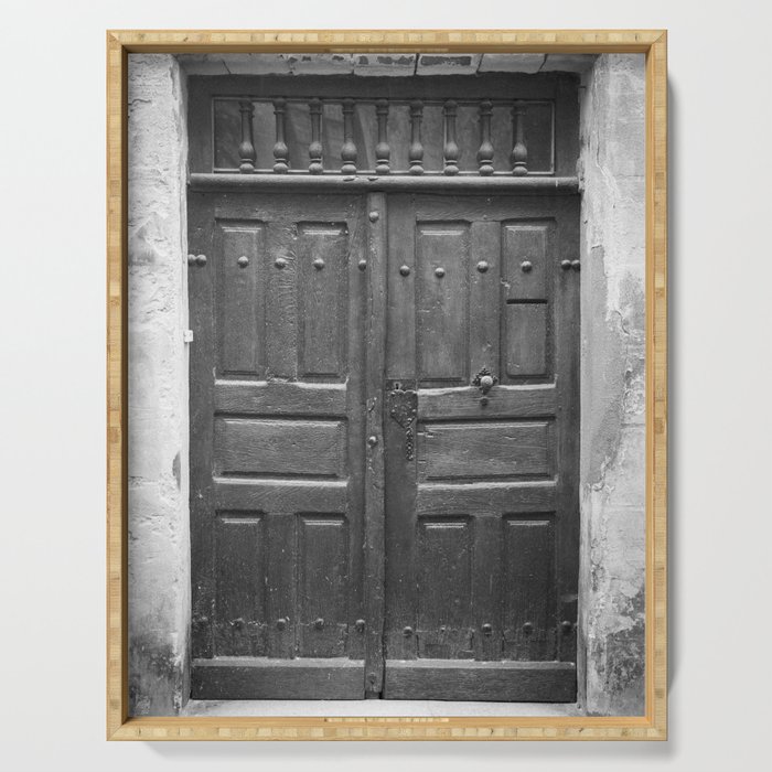 Black and white vintage wood door art print - old frontdoor in France - vintage travel photography Serving Tray