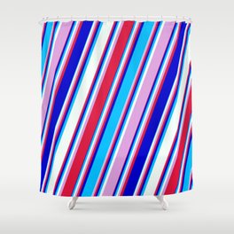 [ Thumbnail: Colorful Plum, Crimson, Blue, Deep Sky Blue, and Mint Cream Colored Lined/Striped Pattern Shower Curtain ]