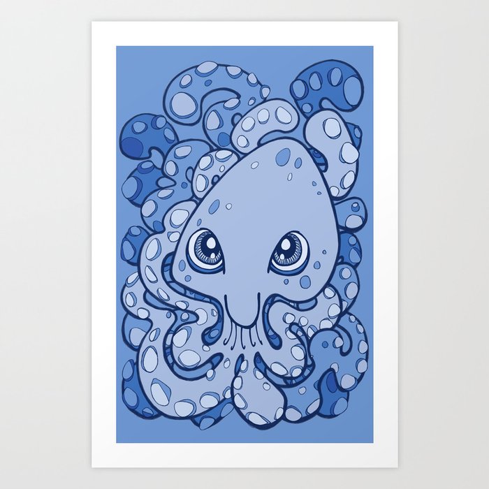 Happy Octopus Squid Kraken Cthulhu Sea Creature , Baby Blue Art Print by bignoseart
