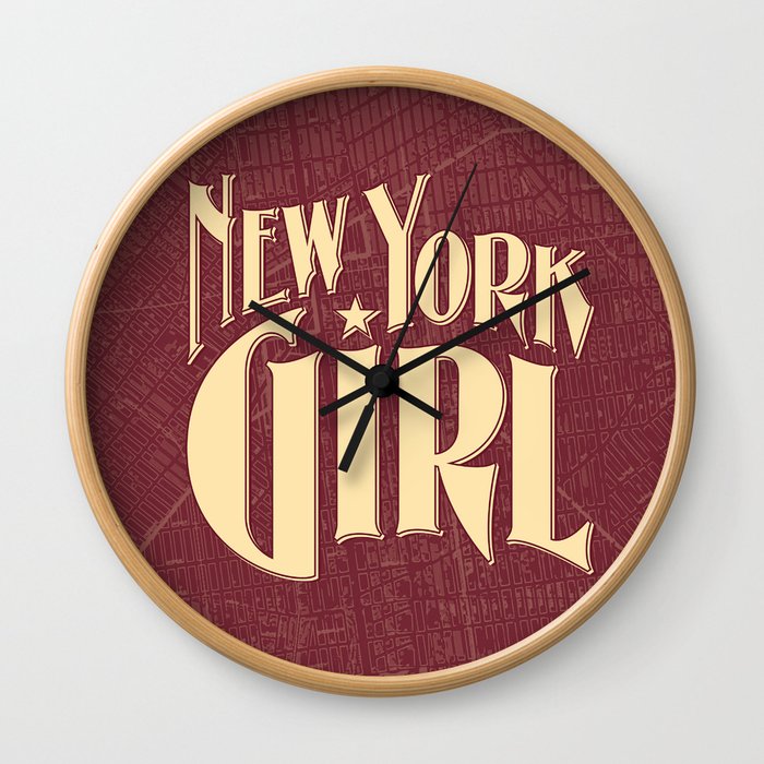 New York Girl BURGUNDY / Vintage typography redrawn and repurposed Wall Clock