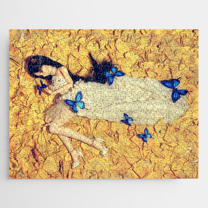 Hearts and blue butterflies; female doll posed with butterlies color photograph / photography Jigsaw Puzzle