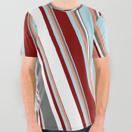 [ Thumbnail: Colorful Dim Grey, Dark Salmon, Powder Blue, Maroon & White Colored Pattern of Stripes All Over Graphic Tee ]