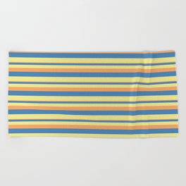 [ Thumbnail: Brown, Blue, and Tan Colored Striped/Lined Pattern Beach Towel ]