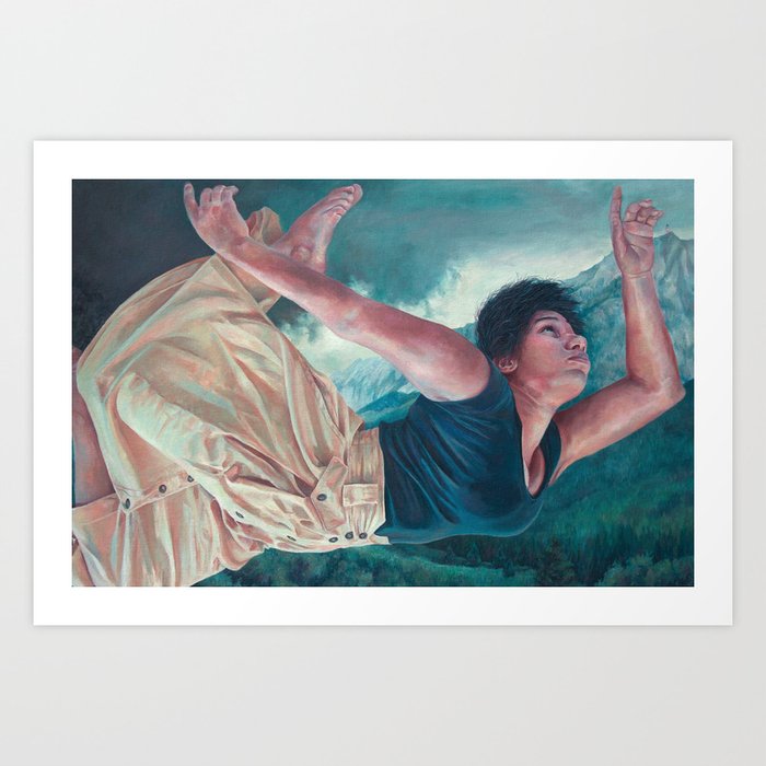 God's Orchestra, oil painting portrait of woman flying, lighthouse, dress, strong powerful woman Art Print