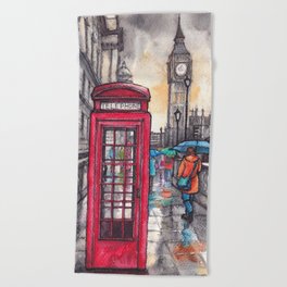 Rainy day in London ink & watercolor illustration Beach Towel