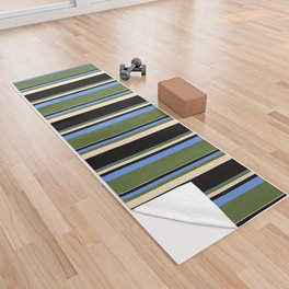 [ Thumbnail: Cornflower Blue, Dark Olive Green, Bisque, and Black Colored Striped Pattern Yoga Towel ]