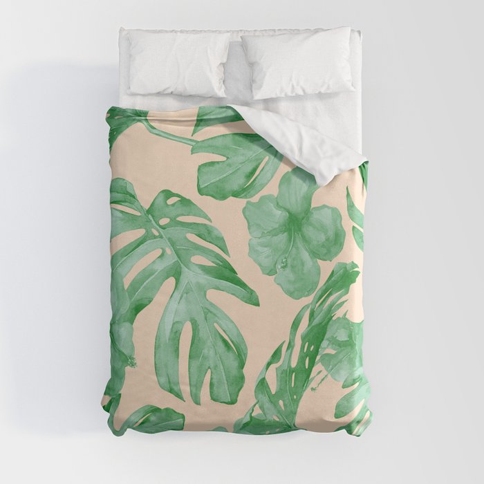 Tropical Coral Green Leaves Flower Pattern Duvet Cover