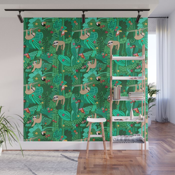 Sloths in the Emerald Jungle Pattern Wall Mural