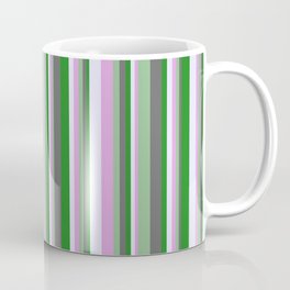 [ Thumbnail: Vibrant Forest Green, Dim Grey, Dark Sea Green, Plum, and Lavender Colored Lined/Striped Pattern Coffee Mug ]
