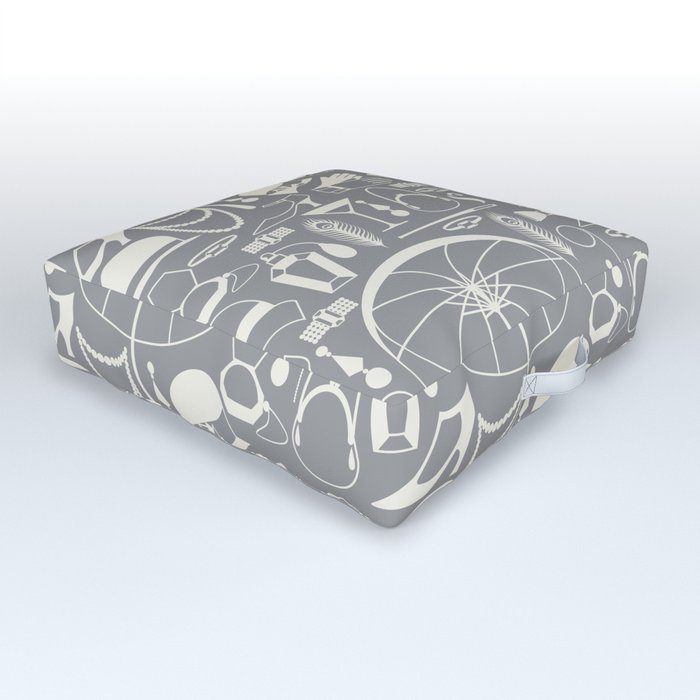 White Old-Fashioned 1920s Vintage Pattern on Silver Grey Outdoor Floor Cushion