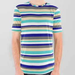 [ Thumbnail: Colorful Dim Grey, Tan, Turquoise, White, and Dark Blue Colored Lined Pattern All Over Graphic Tee ]