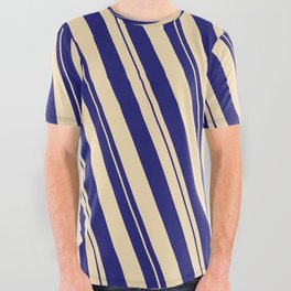 [ Thumbnail: Midnight Blue & Tan Colored Lined Pattern All Over Graphic Tee ]