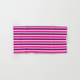[ Thumbnail: Dark Grey, Dark Magenta, Light Pink, and Deep Pink Colored Lines/Stripes Pattern Hand & Bath Towel ]