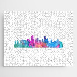 Miami Skyline Watercolor Blue Orange Pink Purple Miami Florida US City Skyline Jigsaw Puzzle