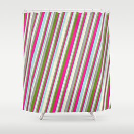 [ Thumbnail: Beige, Dark Gray, Green, Deep Pink, and Powder Blue Colored Stripes Pattern Shower Curtain ]