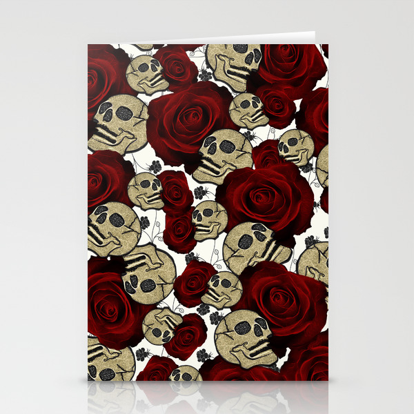 Red Roses Skulls Black Floral Gothic White Stationery Cards By