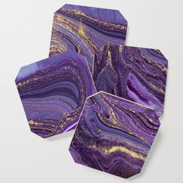 Purple Marble Glitter Gold Fluid Painting Pouring Jupiter Surface Glamorous Shiny Metallic Accents Coaster