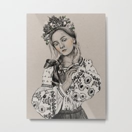 Ukrainian Woman Metal Print | Digital, Pastel, Ink, Wreath, Black And White, Ukraine, Kyiv, Chalk Charcoal, Gentle, Vyshyvanka 