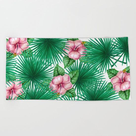 Jungle Love, Palm Leaves And Hibiscus White Beach Towel