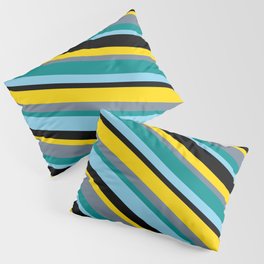 [ Thumbnail: Yellow, Slate Gray, Dark Cyan, Sky Blue & Black Colored Striped Pattern Pillow Sham ]