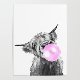 Bubble Gum Highland Cow Black and White Poster