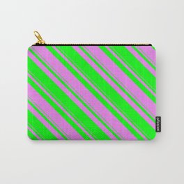 [ Thumbnail: Violet and Lime Colored Stripes Pattern Carry-All Pouch ]