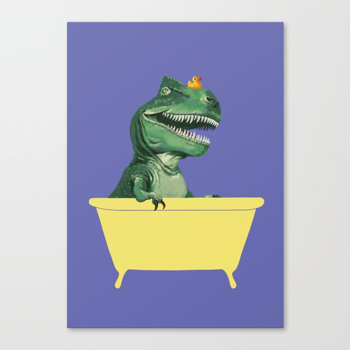 Playful T-Rex in Bathtub in Purple Canvas Print