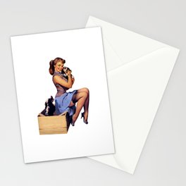 Brunette Pin Up Blue Skirt And Shoes Two Dogs Puppies Stationery Card