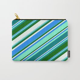 [ Thumbnail: Colorful Blue, Aquamarine, Teal, Dark Green, and Mint Cream Colored Lines/Stripes Pattern Carry-All Pouch ]