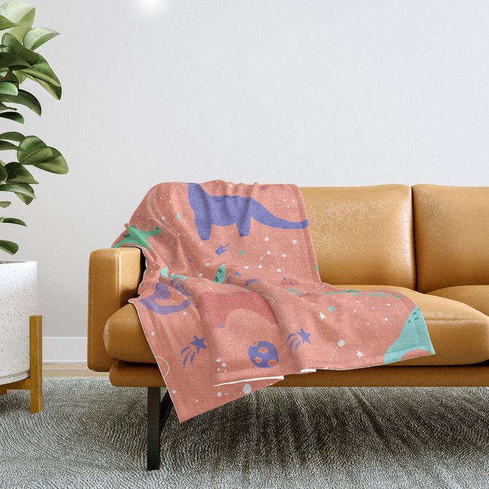 Dinosaurs in Coral Space Throw Blanket