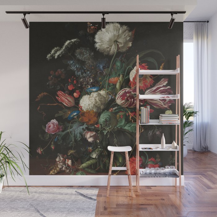 Still Life Parrot Tulips, Peonies, Hibiscus, Hydranga, Periwinkle Flowers in Vase by Jan de Heem Wall Mural