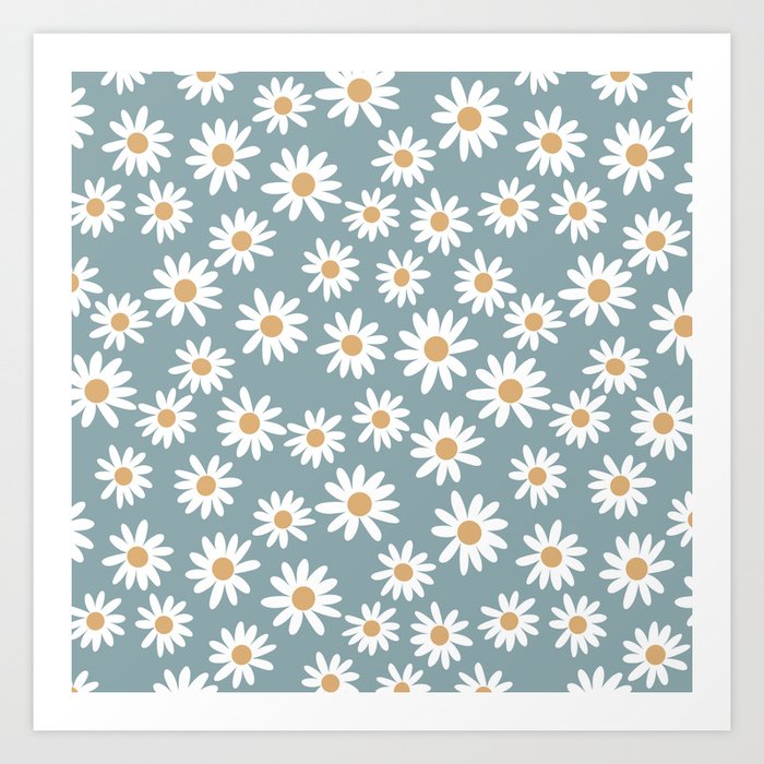 Daisies - daisy floral repeat, daisy flowers, 70s, retro, black, daisy florals dusty blue Art Print