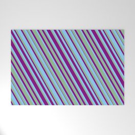 [ Thumbnail: Purple, Light Sky Blue & Dark Sea Green Colored Lined/Striped Pattern Welcome Mat ]