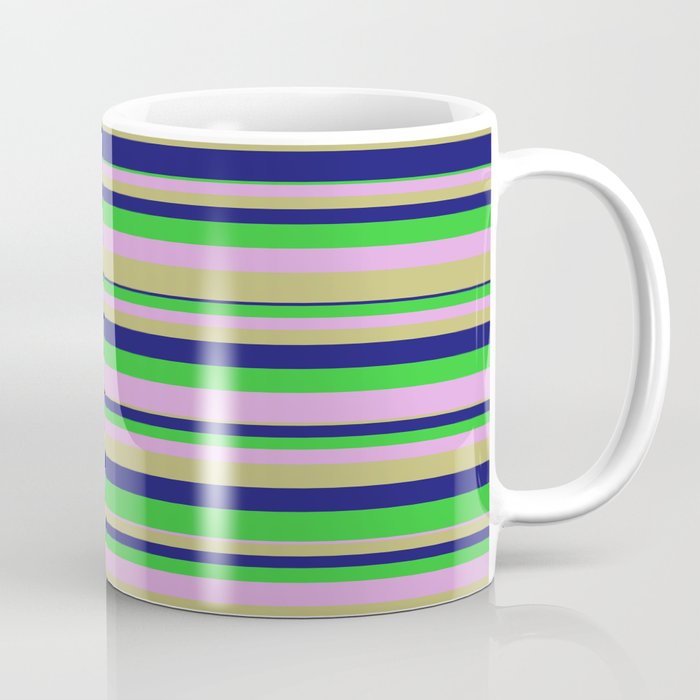 Plum, Dark Khaki, Midnight Blue, and Lime Green Colored Lines/Stripes Pattern Coffee Mug