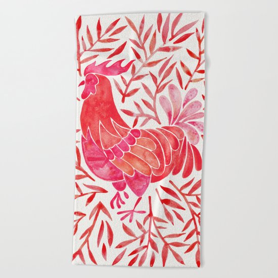 Le Coq – Watercolor Rooster with Red Leaves Beach Towel