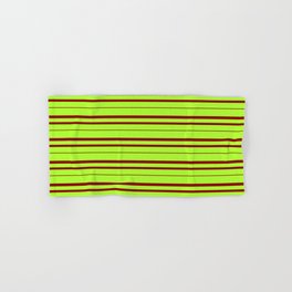 [ Thumbnail: Light Green and Dark Red Colored Lined Pattern Hand & Bath Towel ]