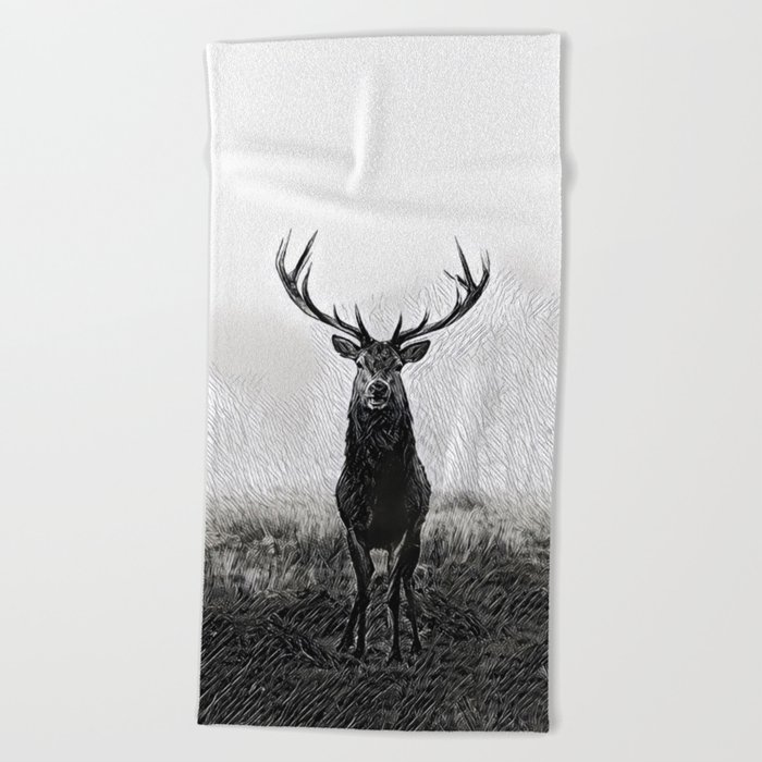 Horns Solo - Realistic Deer Drawing Beach Towel