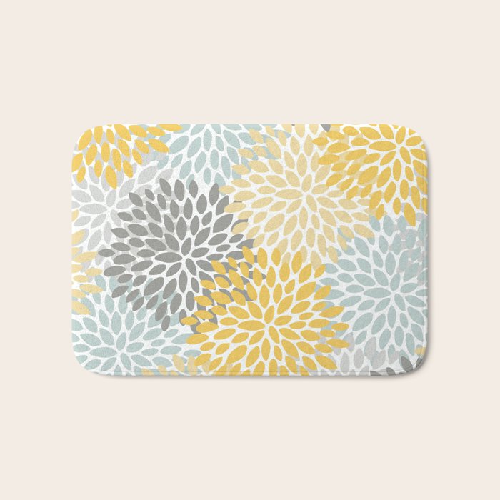 Floral Pattern, Yellow, Pale, Aqua and Gray Bath Mat by Megan Morris