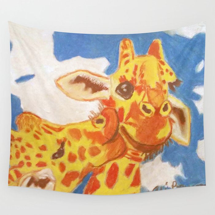 Two Giraffes, One Giraffe is Kissing Another on its Cheek Wall Tapestry