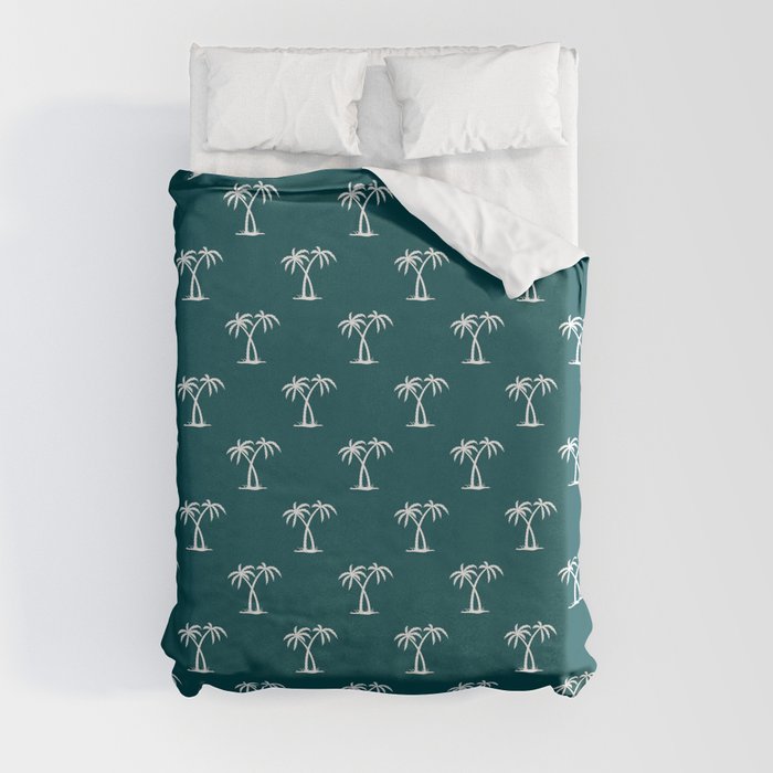 Teal Blue And White Palm Trees Pattern Duvet Cover