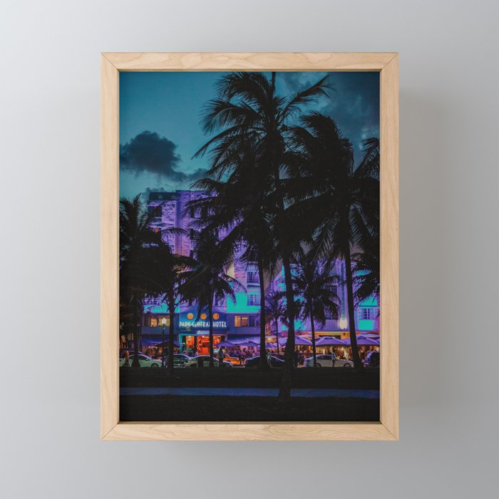 Miami By Night, Palm Trees USA, art deco style  | Neon light | Fine Art Travel Photography Framed Mini Art Print