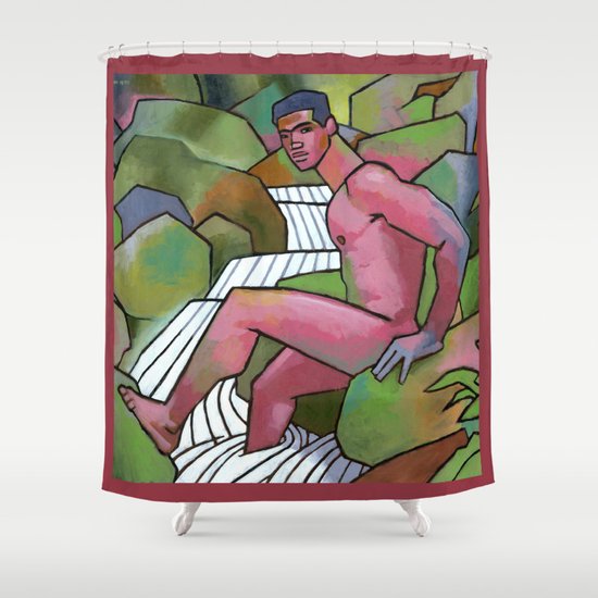 Red Nude on Mossy Rocks Shower Curtain