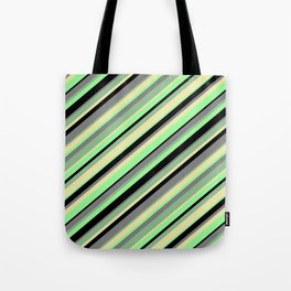 [ Thumbnail: Eye-catching Dark Sea Green, Pale Goldenrod, Green, Black, and Gray Colored Stripes Pattern Tote Bag ]