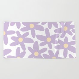 Daisy Time Retro Floral Pattern in Light Lilac Purple, Cream, and White Beach Towel